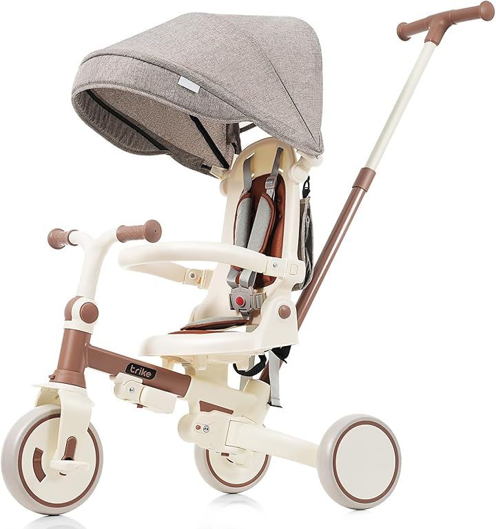 子供用三輪車 7in1 折りたたみ 手押し棒付き 座面回転 自転車 超軽量 乗用玩具 誕生日 プレゼント (ブラウン)