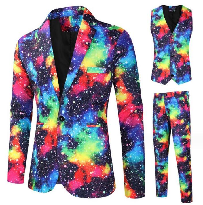 星空スーツセット 銀河元素 メンズ クリスマス コスプレ 衣装 クリスマススーツ 星柄 総柄スーツ 男性 クリスマスパーティー衣装 舞台 演出服 ジレベスト ジャケット パンツ シンガー カラオケ 魔