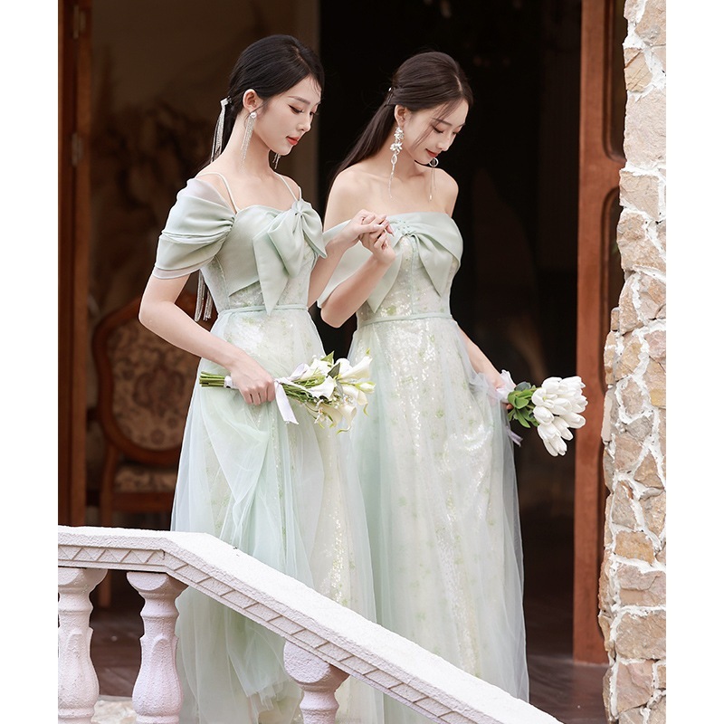 フォレストスタイルの花嫁介添人ドレス2024新しいハイエンドニッチグリーン結婚式姉妹グループイブニングドレススカート妖精気質リトルマン