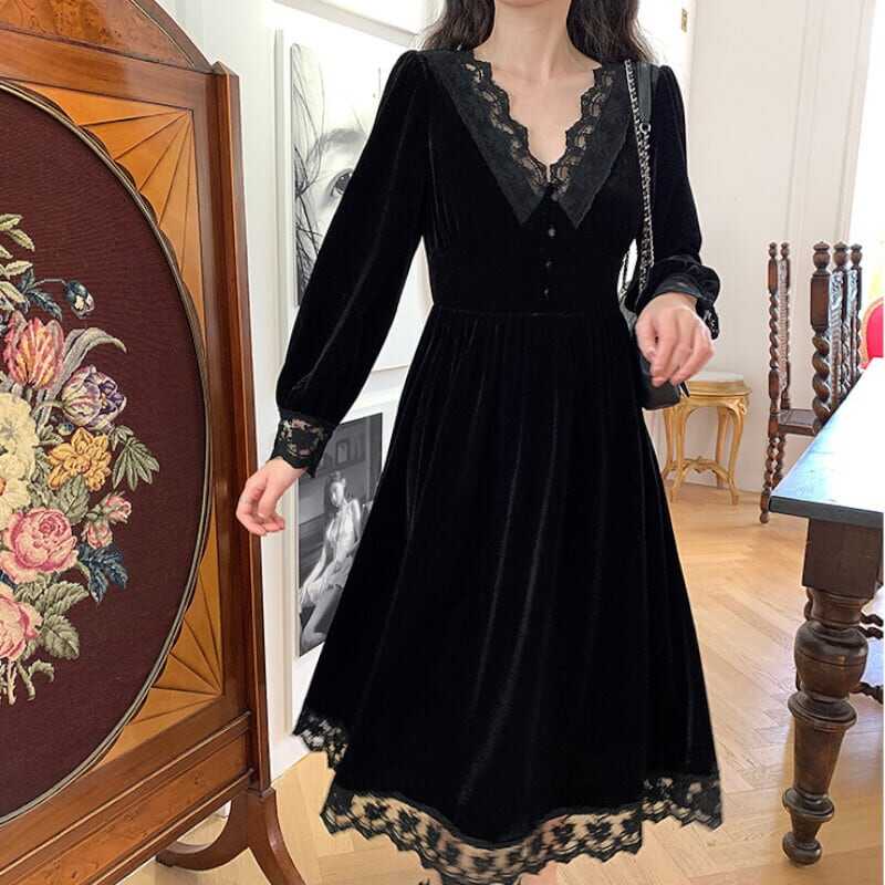 ワンピース 膝下 ミモレ丈 袖あり 長袖 Vネック Aライン レース 大人可愛い きれいめ シンプル カジュアル 大人 上品 おしゃれ レトロ 大人女子 セクシー 無地 春 夏 10代 20代 30代