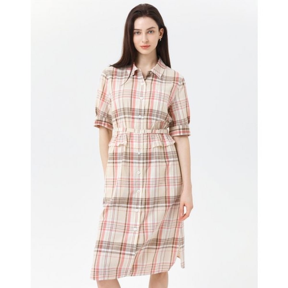 [リンネン] ベージュ リネン チェック シャツ 7分袖 HSDR4B304I2