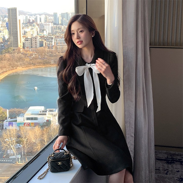 （フェミニンルック/ゲストルック/フォーマルルック）エリネル リボン パフショルダー ツイード フレア ミディワンピース op15946