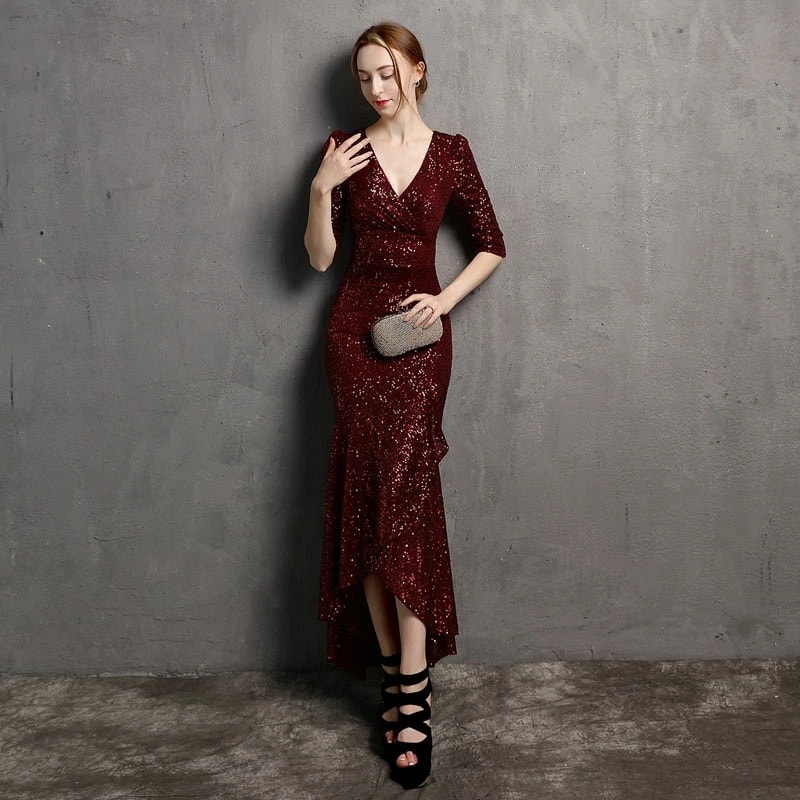 全4色 マーメイドドレス イブニングドレス ワイン赤 キラキラドレス スパンコール マーメイドライン 発表会ドレス シルバー ゴールド ブラック パーティードレス 黒 ロングドレス 無地 タイトドレス