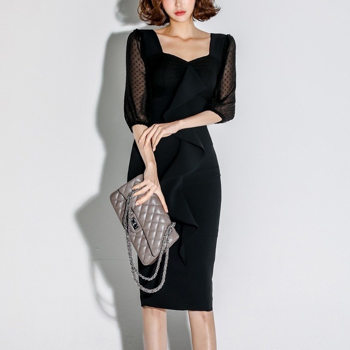 ドレス 二次会ドレス ワンピースドレス 膝丈 ひざ丈 ミモレ ミモレ丈 袖あり 5分袖 7分袖 パフスリーブ スクエアネック 襟なし スレンダー スレンダーライン タイト スリム 細身 シフォン フリ