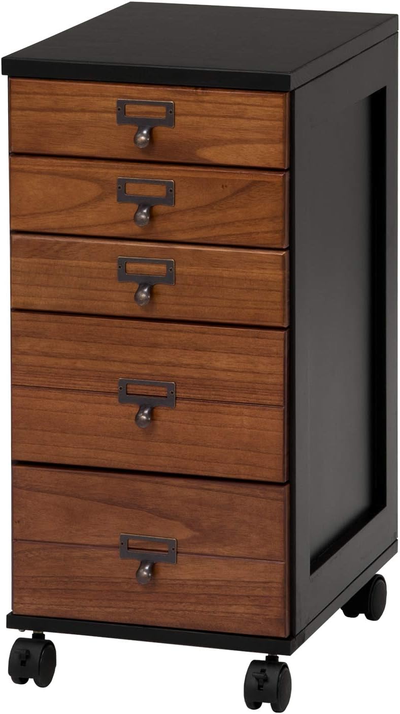 萩原(Hagihara) 多段チェスト 書類チェスト 書類 棚 A4 引出5段 【すぐに使えるほぼ完成品】キャビネット ドキュメント 天然木 ネームプレート付 キャスター付 ブラックブラウン MCH
