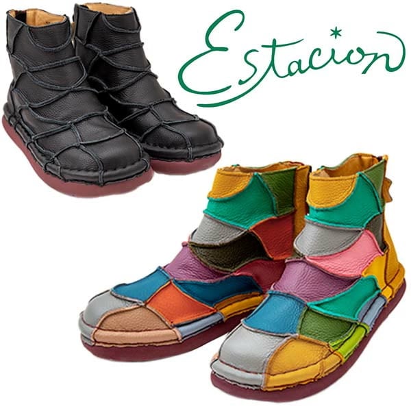 estacion エスタシオン TGE466 レディース ショートブーツ 本革 パッチワーク 後ろファスナー カラフル フラットソール カジュアル 歩きやすい 疲れない レザーブーツ コンフォート