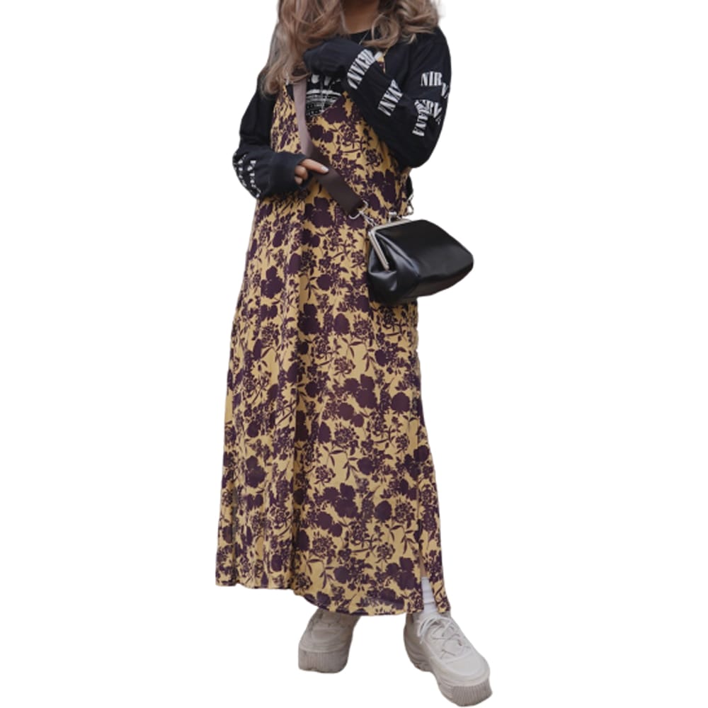 One Color Flower Cami-Onepiece (mustard-brown) A,D,G レディース