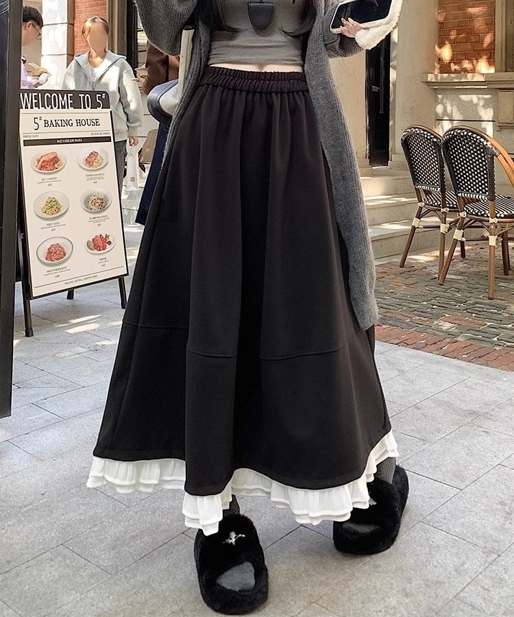 スカート フレアスカート ロング丈 レディース レーススカート ロングスカート ティアードスカート レース ハイウエスト ウエストゴム シンプル 大人 おしゃれ 大人可愛い 大人女子 キュート 秋 冬