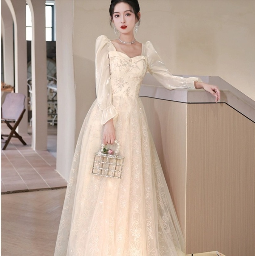 レディース イブニングドレス ロング マキシ 長袖 パフスリーブ フレアスリーブ ハートネック フレア レース 刺繍 大人可愛い きれいめ 上品 おしゃれ かっこいい エスニック ガーリー 個性的