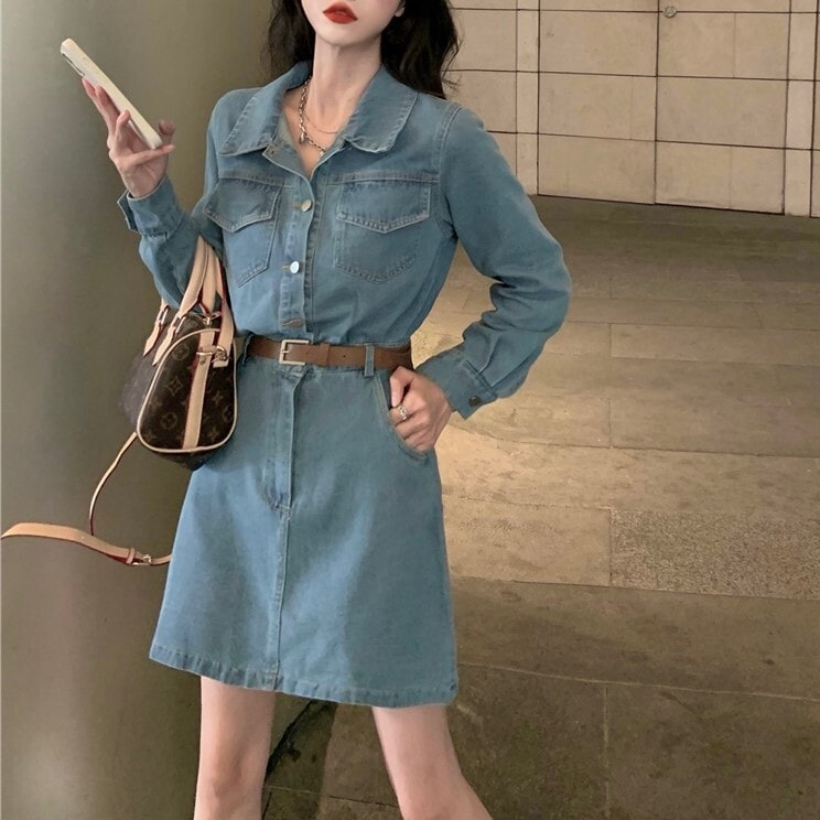 デニム ワンピース ワンピ ライトブルー ネイビー レトロ 初秋 秋冬トレンディ インポート