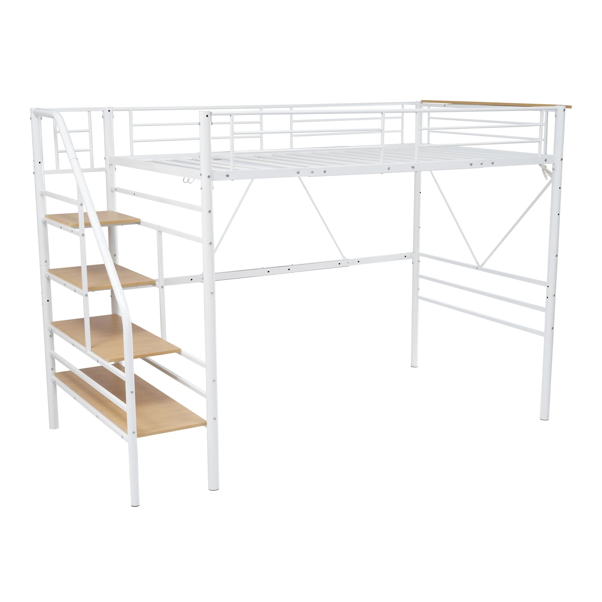 【14】S ロフトベッド 階段付き パイプベッド シングル コンセント付き 収納 スチール 耐震 ベッド シングル パイプベッド ベッドフレームのみ【Sシングル】