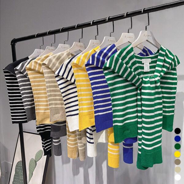 レディースカジュアルボーダーウールニット肩ネックカーディガンSDW-CA-SLM0162