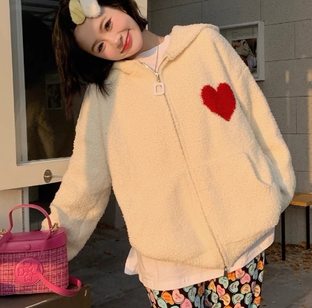 トップス 個性的 モテアイテム ゆったり かわいい あったか ふわもこ ゆったり パーカー 長袖 ハート フード付き ファスナー ポケット 前開き 厚手 かわいい シンプル カジュアル おしゃれ