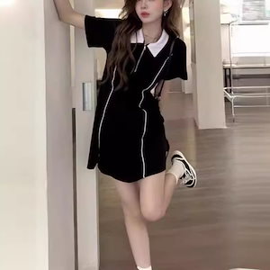 【超お得1つ買うと10個もらえる】メガ割ワンピース 夏の準備 夏のポロネックワンピース レディース 半袖 カジュアル 学生 ミディワンピース