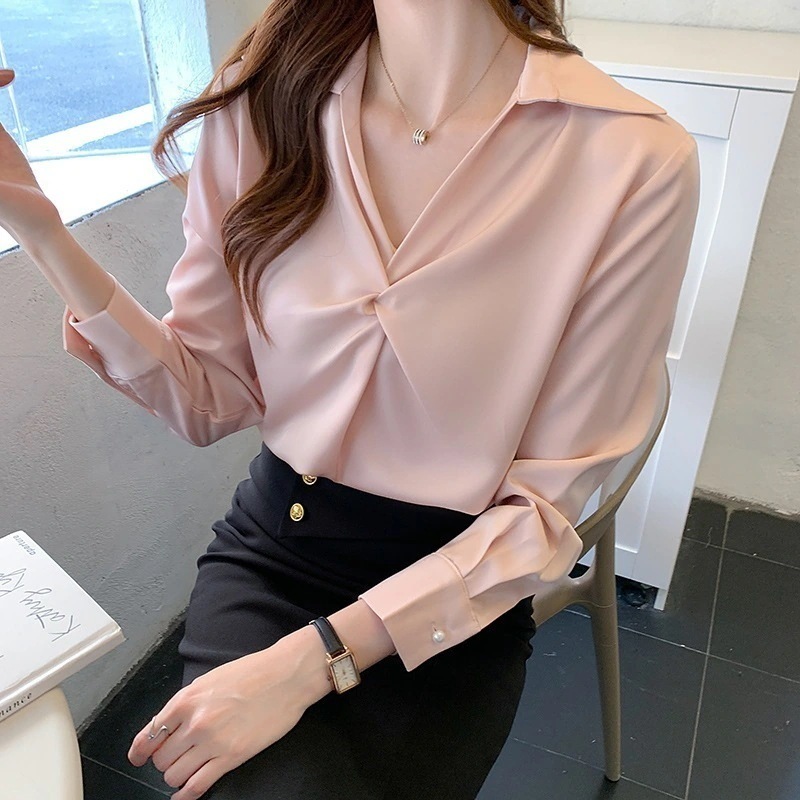 ピンク サテン シアーシャツ デザイン感 長袖ブラウス トップス シフォン レディース 服 インナー キャリアシャツ