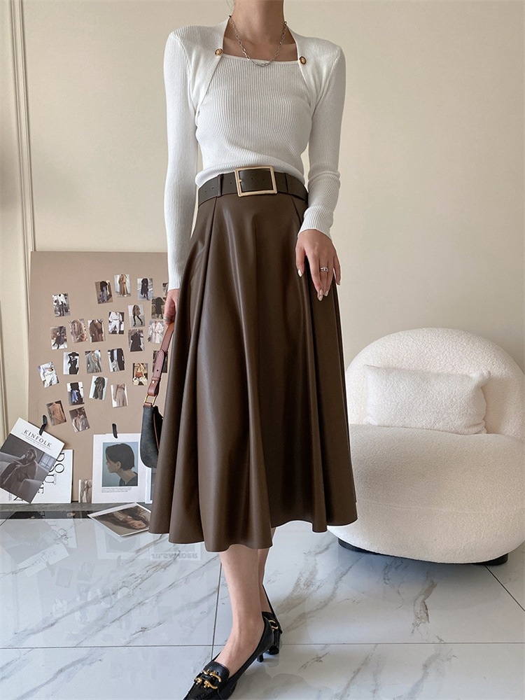 激安セール 秋 冬 ロングスカート 新作 Aライン レザースカート ハイウエスト 中長セクション 傘スカート 4,769円