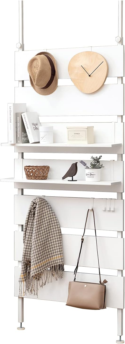 萩原(Hagihara) 撑杆 架子 墙壁收纳 壁架 【无需DIY打孔施工】安装简单 支持高低差 木纹风格 宽80 细长 白色 KTR-3148WH