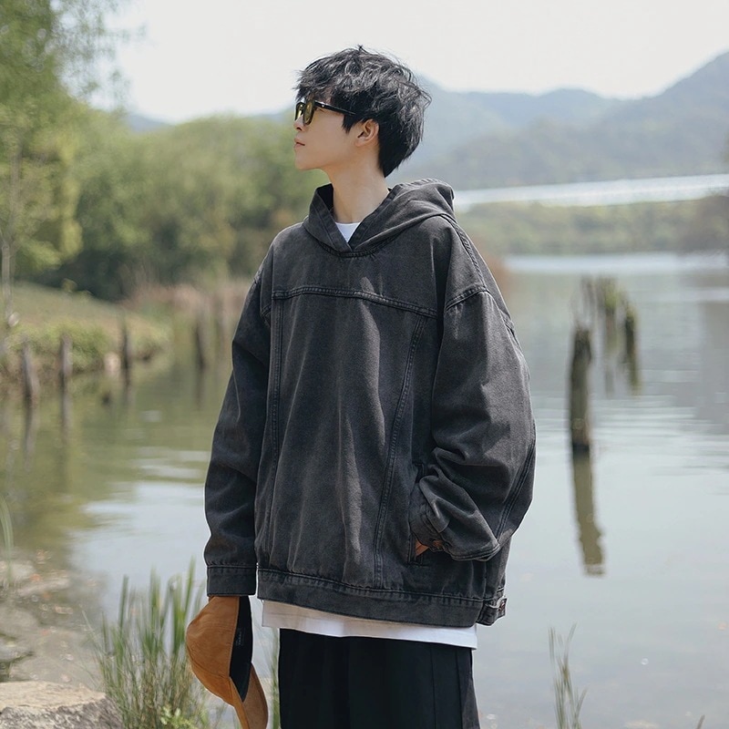 カウボーイジャケット男性ゆるい港ブーム春秋青年新型カップルジャケット帽子付きガードルファッションカジュアルコート