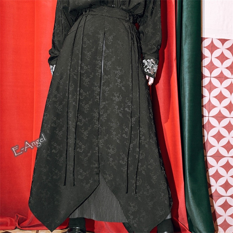 【快速出荷】ロングスカート 黒 チャイナ風スカート 梅花暗紋 ポケット付き ボトムス 切り替え レイヤードスカート 合わせやすい ブラック 不規則 アシンメトリー 暗黒風