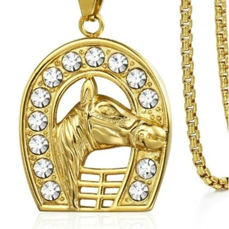 ゴールデンホースエンブレム ペンダントトップ 男性 女性 馬蹄 馬の顔 ヒヅメ 金メッキ プレゼント