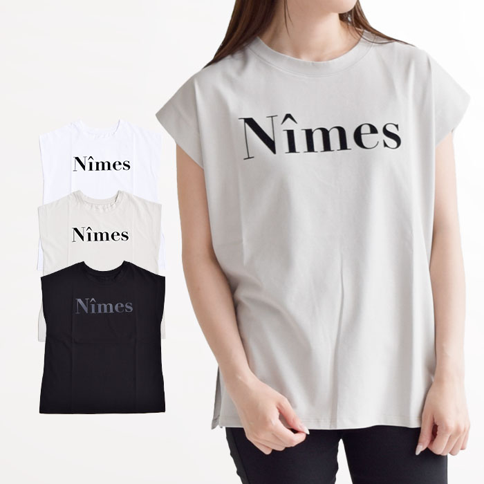 ファーリーレート レディース Tシャツ トップス ノースリーブ コットンフロッキープリントノースリーブプルオーバー ロゴ プリント きれいめ カジュアル 大人　234JU372