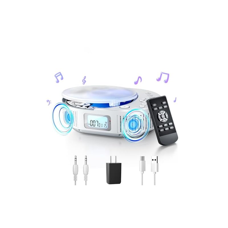 ポータブルCDプレーヤー FELEMAN CDプレーヤー Bluetoothスピーカー内蔵 2000mAh充電式バッテリー搭載 CDラジオ 定時OFF機能 LEDディスプレイ 防塵透明カバー付き 1台