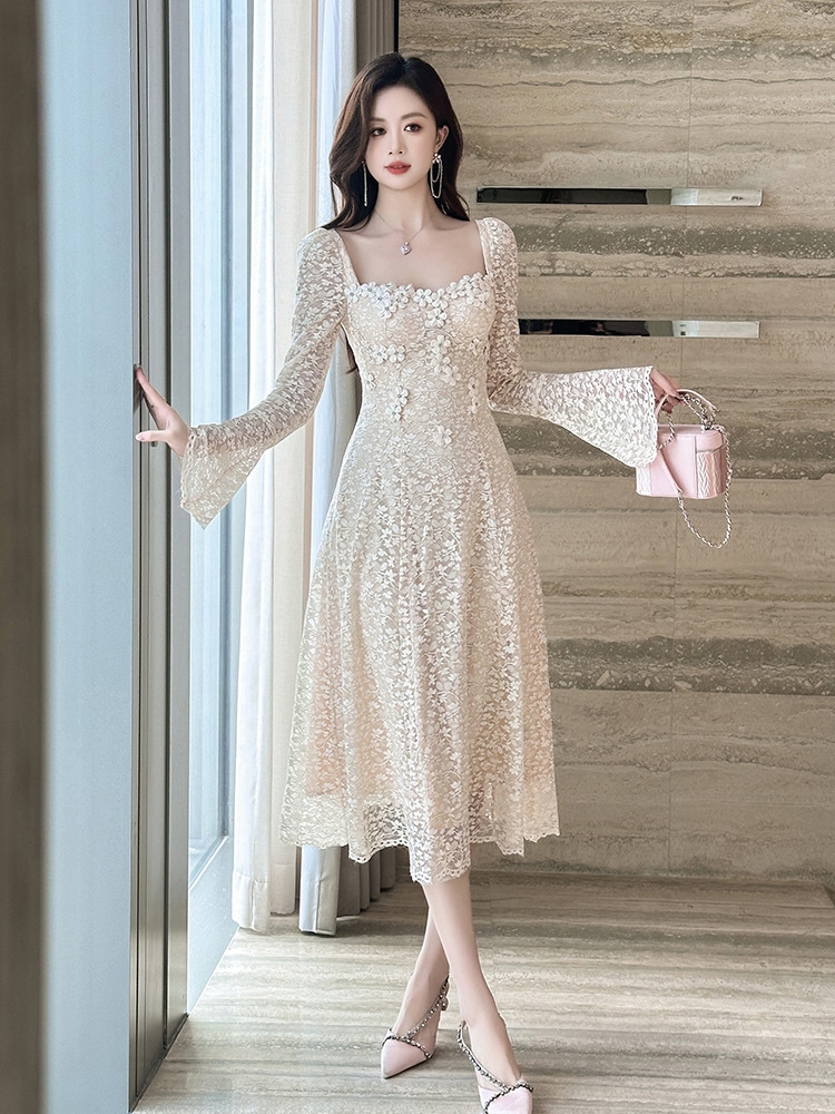 【JY.上品】 2024秋新品 レース 花びら ロング ドレス パーティー キャバ 大人 同窓会 披露宴 卒業式 結婚式 演奏会 ウェディング 二次会 メガ割