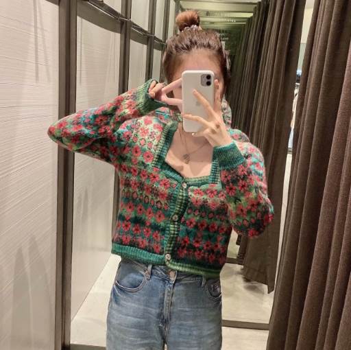 レディース トップス ニット セーター カーディガン アウター 上着 羽織 前開き ミニ ショート 長袖 スクエアネック タイト スリム 細身 ストレート 異国風 ボタン ヴィンテージ アメカジ カジ