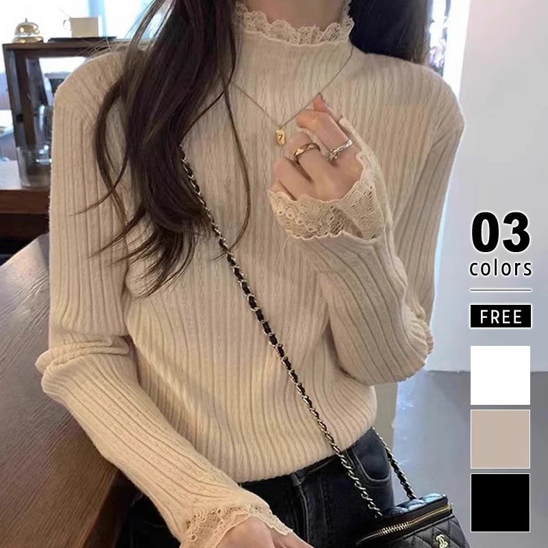 ニット 袖レース ハイネック トップス 長袖 レディース 重ね着風 レース フレア袖 レースニット ニットトップス リブニット 重ね着 フリルネック フィット ドッキング ニットセーター 袖長め 柔ら