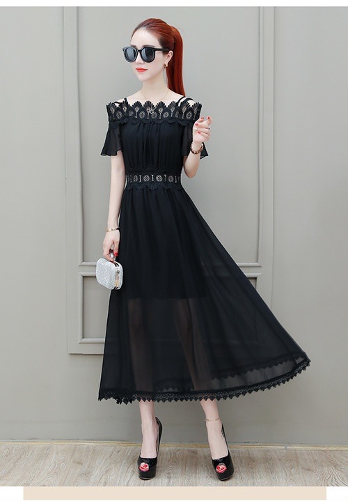 A1087.刺繍オフショルダーシースルーフレアワンピース（ブラック）2019 春夏 sale 春夏 sale ドレス フリル エレガント お呼ばれ 結婚式 披露宴 パーティー 女子会 レストラン デー