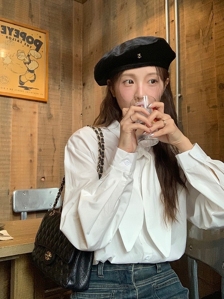 タイアップカラーシャツ2024秋風優しくおしゃれな万能トップスレディース