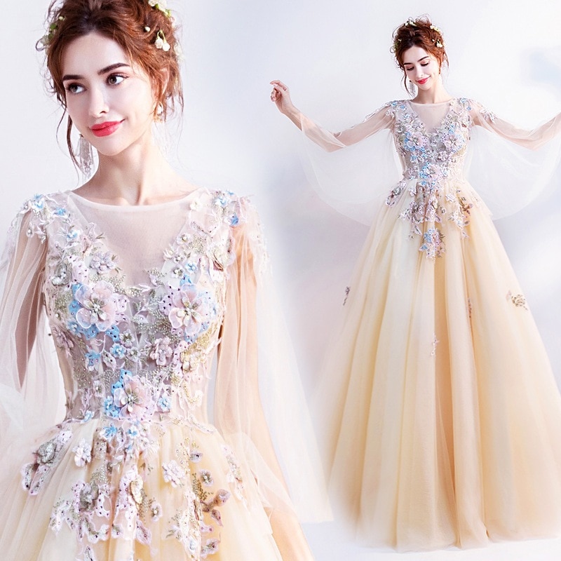【1つ買うと10つ無料】2025スプリングライトゴールデンブライド長袖ディナーアート試験バンケットショーブライドメイドドレス