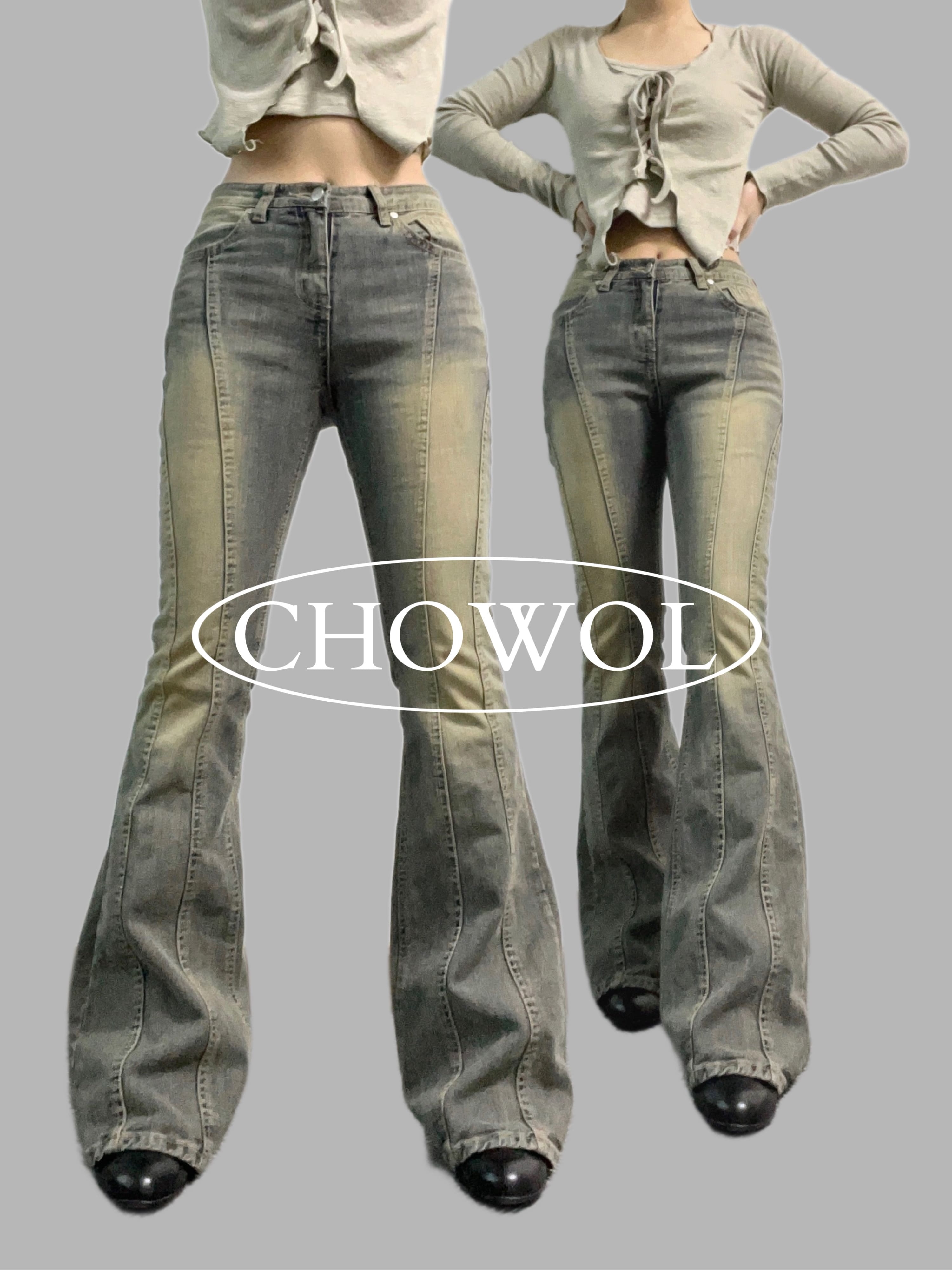 [Y2K / 体つき修整] ビンテージ ウォッシング デニム ロング スリム 切開ライン ブーツカットパンツ