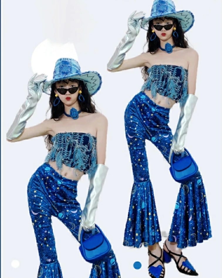 ブルー jazz レトロ チアダンス デスコ風 ヒップポップダンス服 演出服 団体 子供ダンス衣装 演出服 hippop K-POP ガールズ ステージ ダンスウェア キッズ 110-160cm 舞
