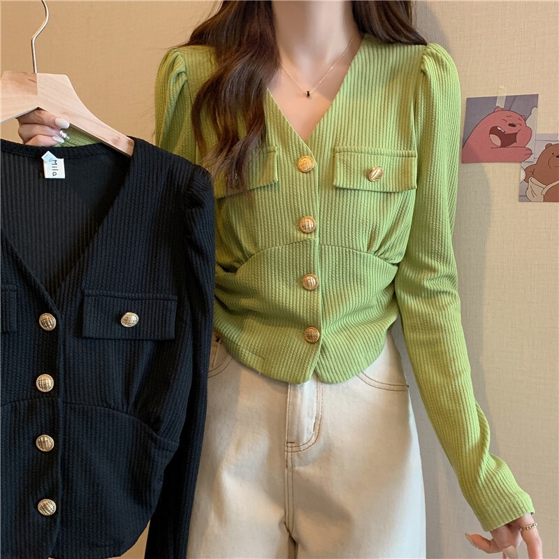 レディース トップス カットソー Vネック きれいめ 上品 ゴールド シンプル ヘビロテ ベーシック ジャケット風 こなれ感 長袖 ブラック グリーン 黒 緑 黄緑 20代 30代 40代 通勤