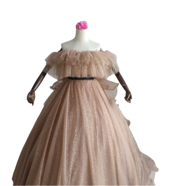 カラードレス シャンパン色 取り外しオフショルダー キラキラグリッターチュール 華やかなトレーン 花嫁