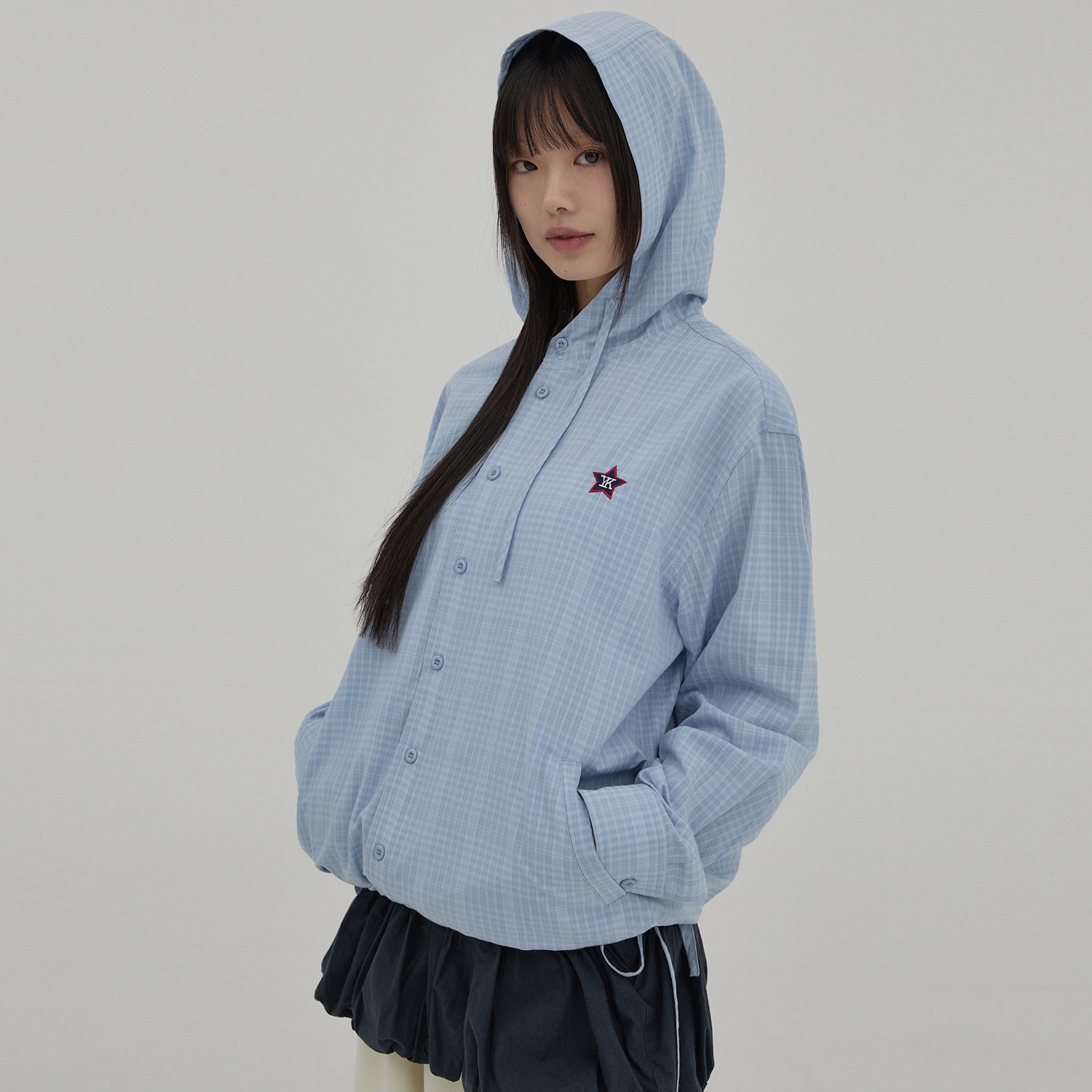 YK Check Hood Shirt SKYBLUE