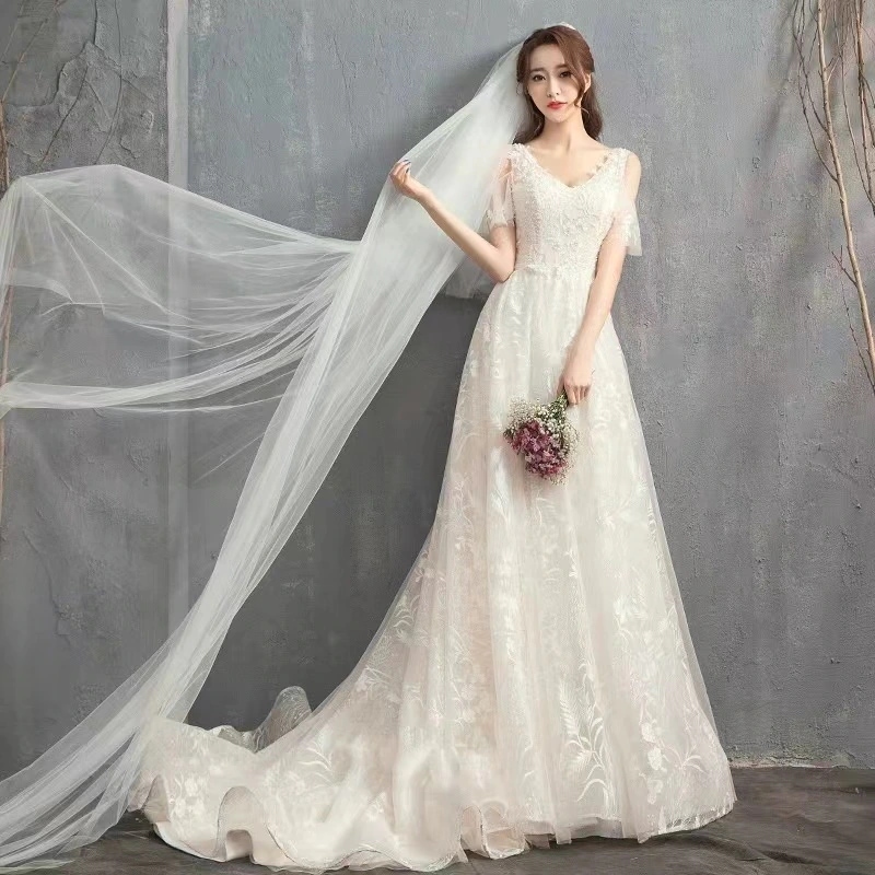 ウエディングドレス 白 Aラインドレス 安い 花嫁 挙式 二次会 ブライダル 結婚式 レディース ロングドレス 袖あり白 レース プリンセスライン 撮影 編み上げ式