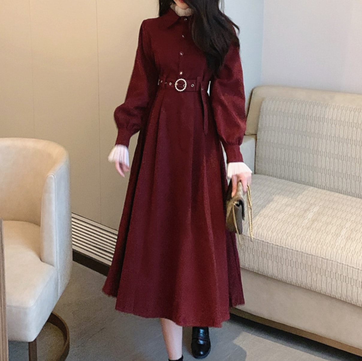 ワンピース デート ロング丈 ミモレ ミモレ丈 袖あり 長袖 春 秋 冬 10代 20代 30代 レディース 個性的 レッド ブラック L XL 2XL 3XL 4XL ウエストマーク レトロ