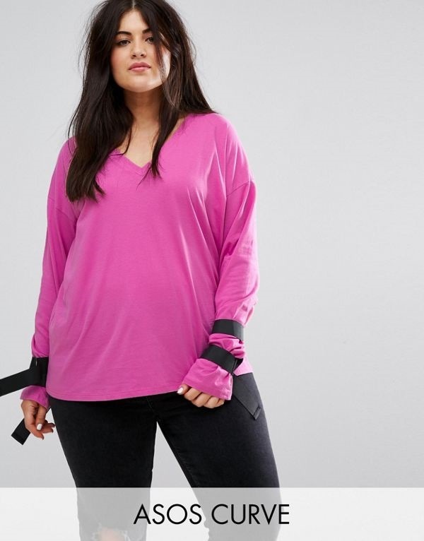 ASOS エイソス レディース 大きめサイズ ゆったりサイズ 送料無料 Bright pink CURVE T-Shirt with D-Ring Tie Details