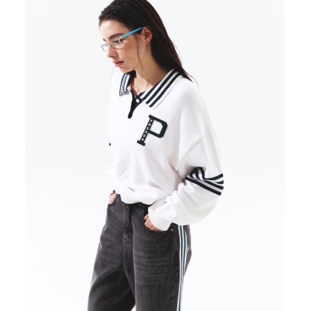 PRENDA P LOGO PATCH STRIPE LONG SLEEVE KNIT WHITE PRTFSS