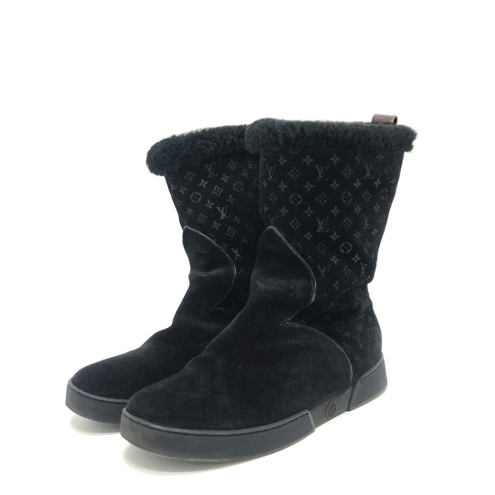 ブーツ LVロゴ フラワー エンボス ファー ボア ショートブーツ 靴 シューズ ムートン ブラック