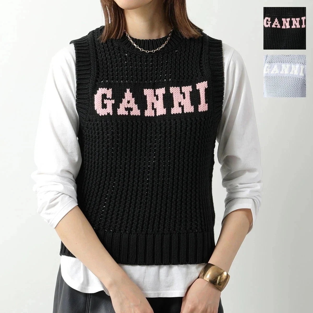 GANNI ガニー ニットベスト Cotton Rope Vest K2047 K2100 2589 レディース ノースリーブ ロゴ プルオーバー クルーネック 【mega】