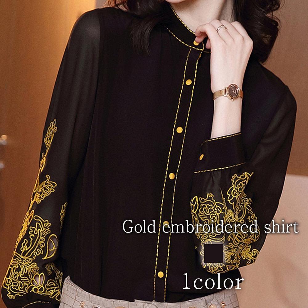 ブラウス レディース ゴールド刺繍シャツ フリル ブランド きれいめ スーツ ワンピース 長袖 カットソー 冬 Tシャツ ノーアイロン 事務服 高品質 オフィス レース 黒 おしゃれ ボウタイ 春 シ
