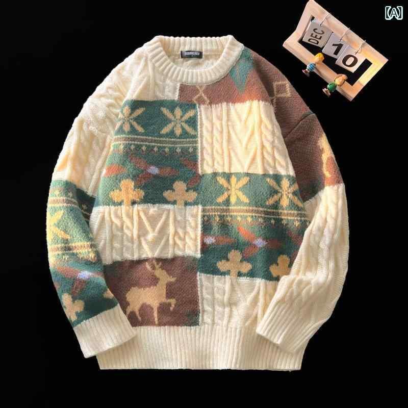 メンズ 秋冬 厚手 クリスマス セーター レトロ ジャカード カップル ラウンドネック セーター ジャケット 5,032円