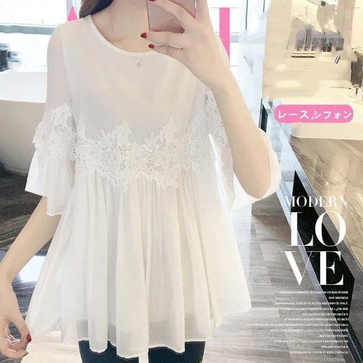 【1つ買うと10つ無料】大人気 ブラウスシャツ半袖ロングシャツトップスレディースレースシフォン大きいサイズオシャレ可愛い薄手