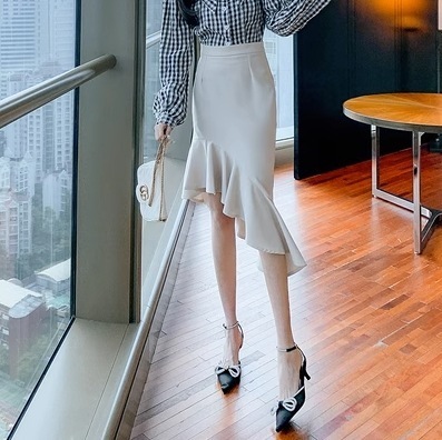スカート ボトムス ロングスカート ミディアム丈 スリム 細身 アシンメトリー 切り替えデザイン スマート フリル ハイウエスト 薄手 可愛い きれいめ 上品 おしゃれ お洒落 女子