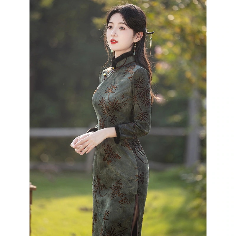 ワンピースドレスドレス秋と冬のチョンサムのタイダイプラスベルベット女性のためのレトロ気質スタイルの改善