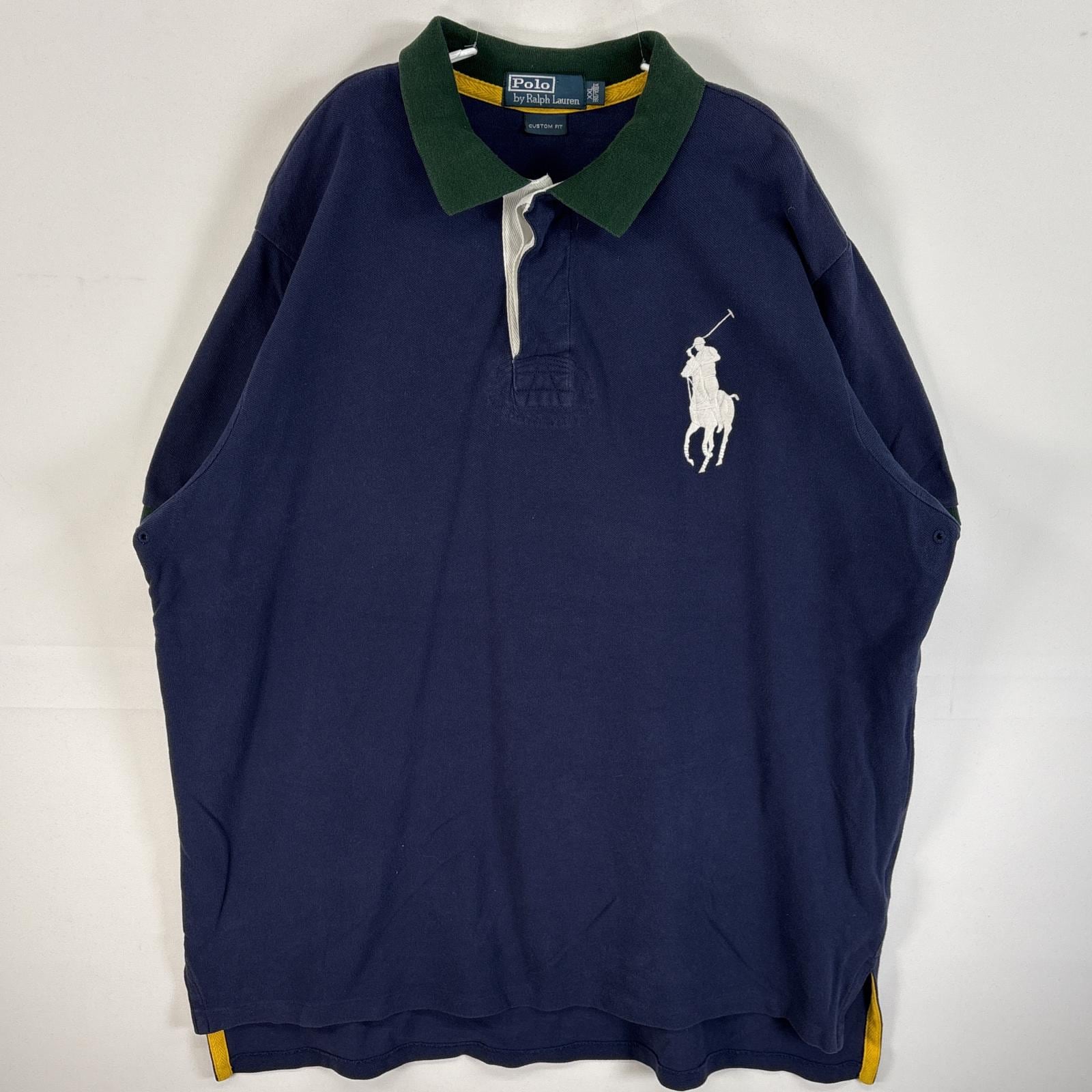 古着 90s/90年代 ポロバイラルフローレン Polo by Ralph Lauren 鹿の子 半袖 ラガーシャツ ビッグポニー 袖口切替 襟切替 XXL ネイビー系 無地 メンズ