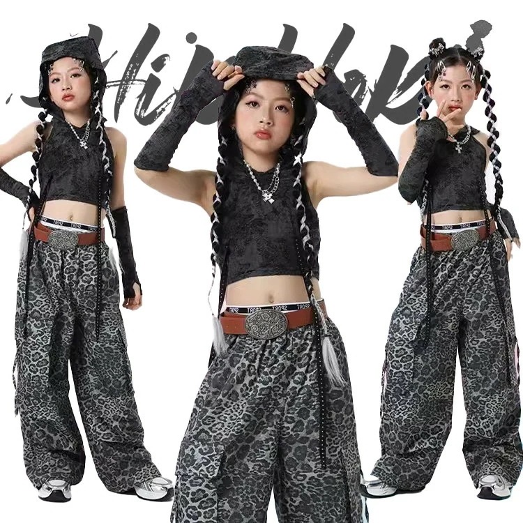 【急速出荷!】ダンス衣装 キッズ ジャズ 女の子 グレー ブラック 無袖 アームウォーマー 黒 ズボン ヒョウ柄 カーゴパンツ 子供服 ヒップホップ 応援団 団体服 ジュニア 個性 カッコイイ おしゃ